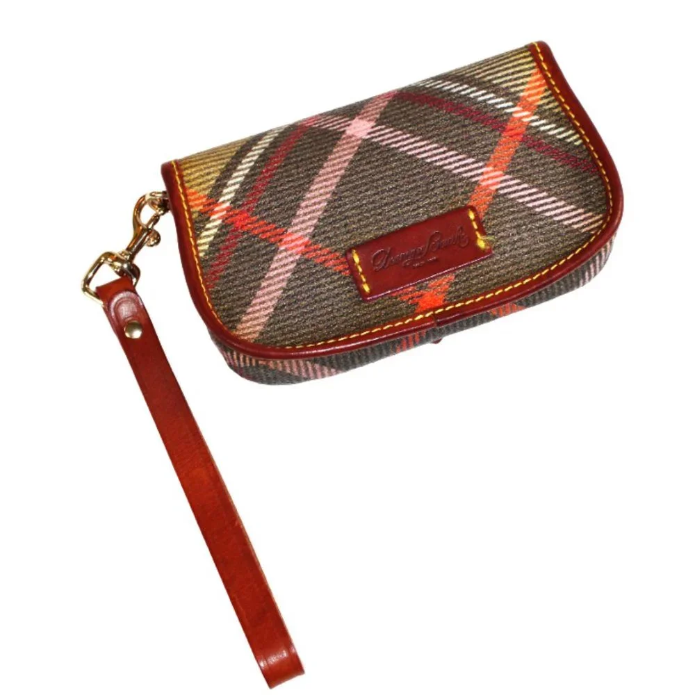 Dooney And Bourke Tartan Plaid Tan And Brown Leather Accent Wristlet